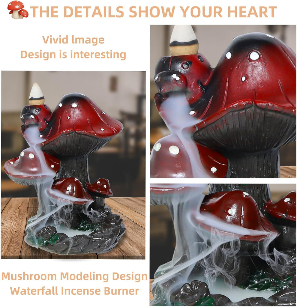 Mushroom Backflow Incense Holder - Ceramic Incense Cone Holder with 60 Backflow Incense Cones | Waterfall Incense