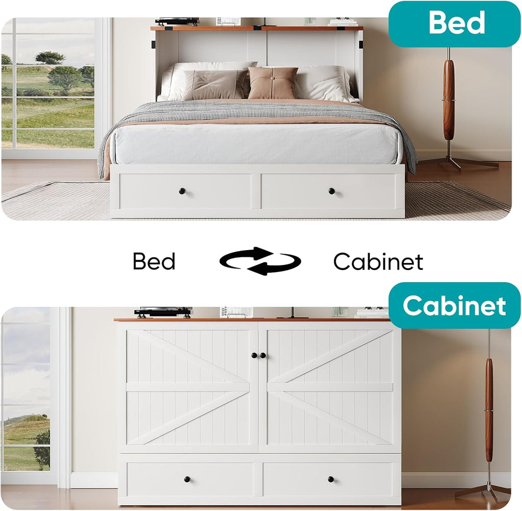 63.4" W Murphy Bed with Tri-Folding Mattress, Queen Murphy Bed with Built-in Charging Station, Queen Murphy Cabinet