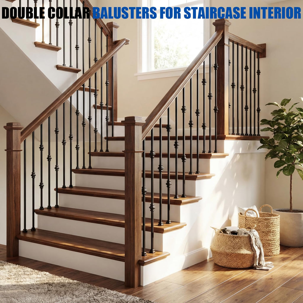 44" Iron Double Collar Balusters for Staircase Interior, 1/2" Hollow Stair Balusters, Matte Black Metal Balusters