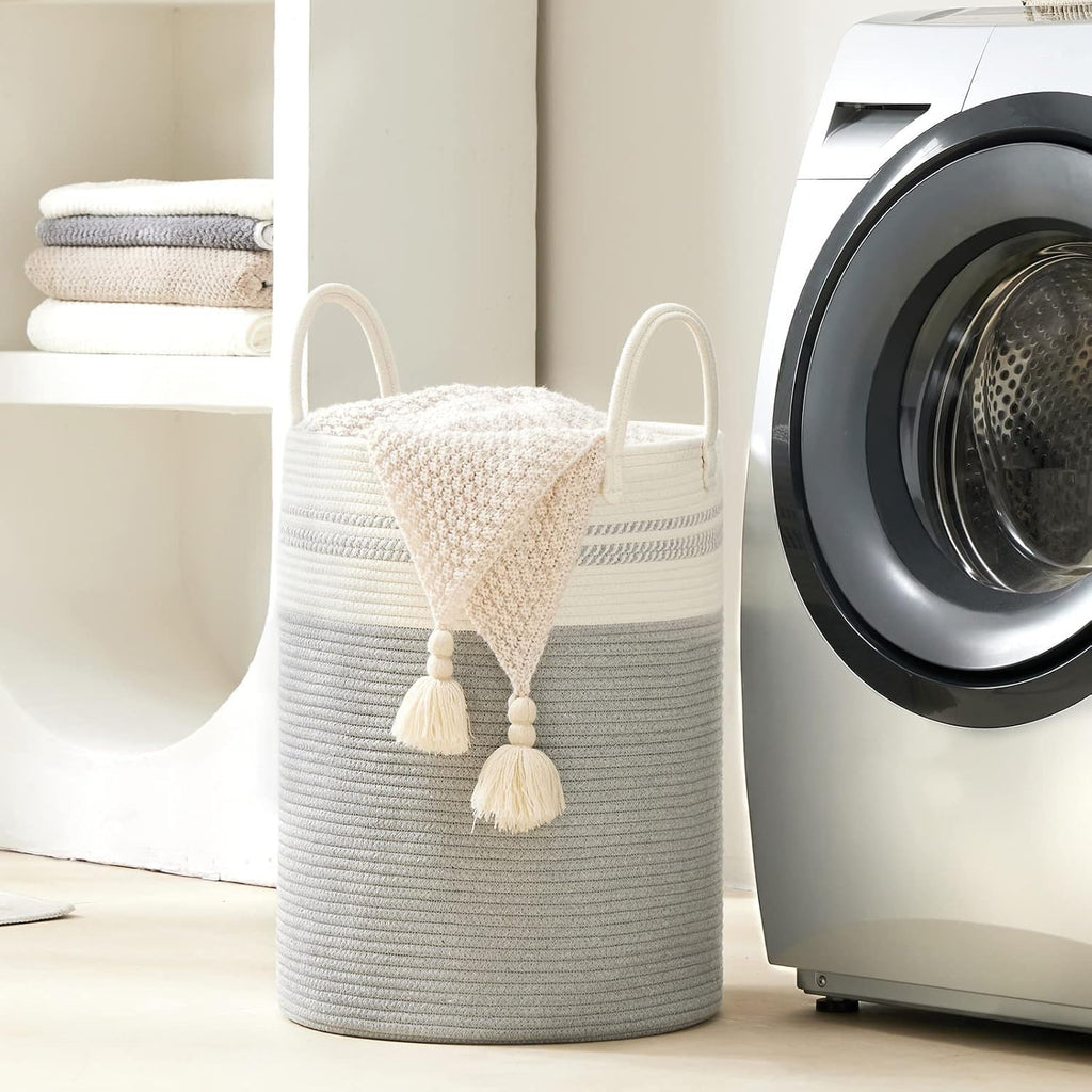 Woven Rope Laundry Hamper Basket, 72L Tall Laundry Basket-Grey