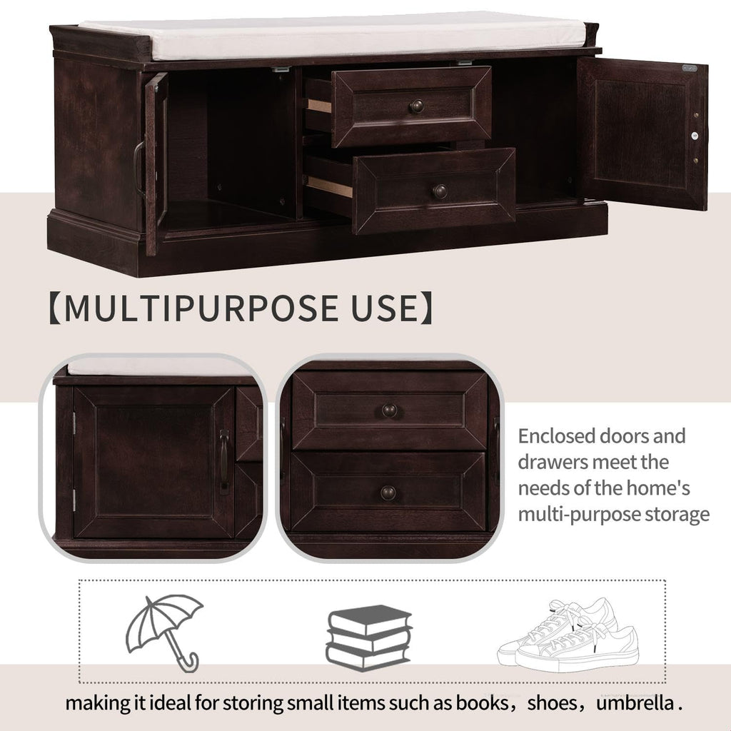 Rustic Storage Bench with 4 Doors 2 Draws Adjustable Shelves Removable Cushion Rectangular Cabinet Foot Rest Stool
