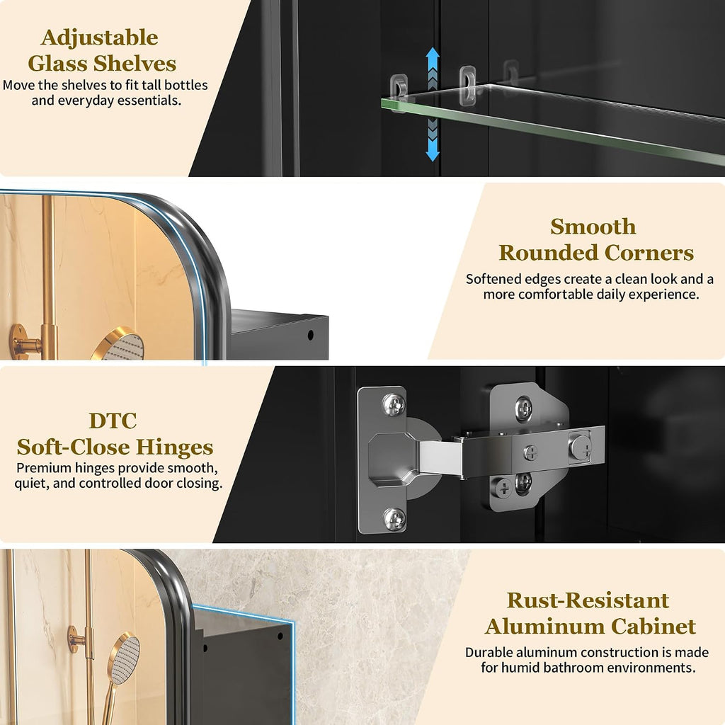 20x30 Black Medicine Cabinet with Mirror, Recessed & Surface Mount | Bathroom mirror with storage: 6 adjustable