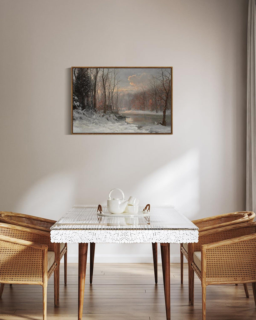 Vintage Framed Canvas Wall Art, Christmas Wall Art, Snow Straem River Tree Cloud Farmhouse Landscape Art Hanging