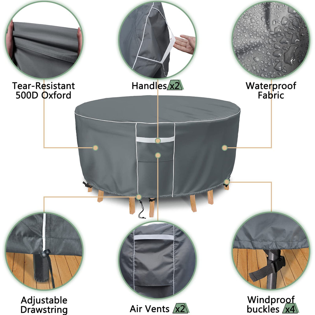 Round Patio Table Cover Waterproof, Outdoor Furniture Covers for Round Table Set, 600D Heavy Duty, 96" Dia x 28" H