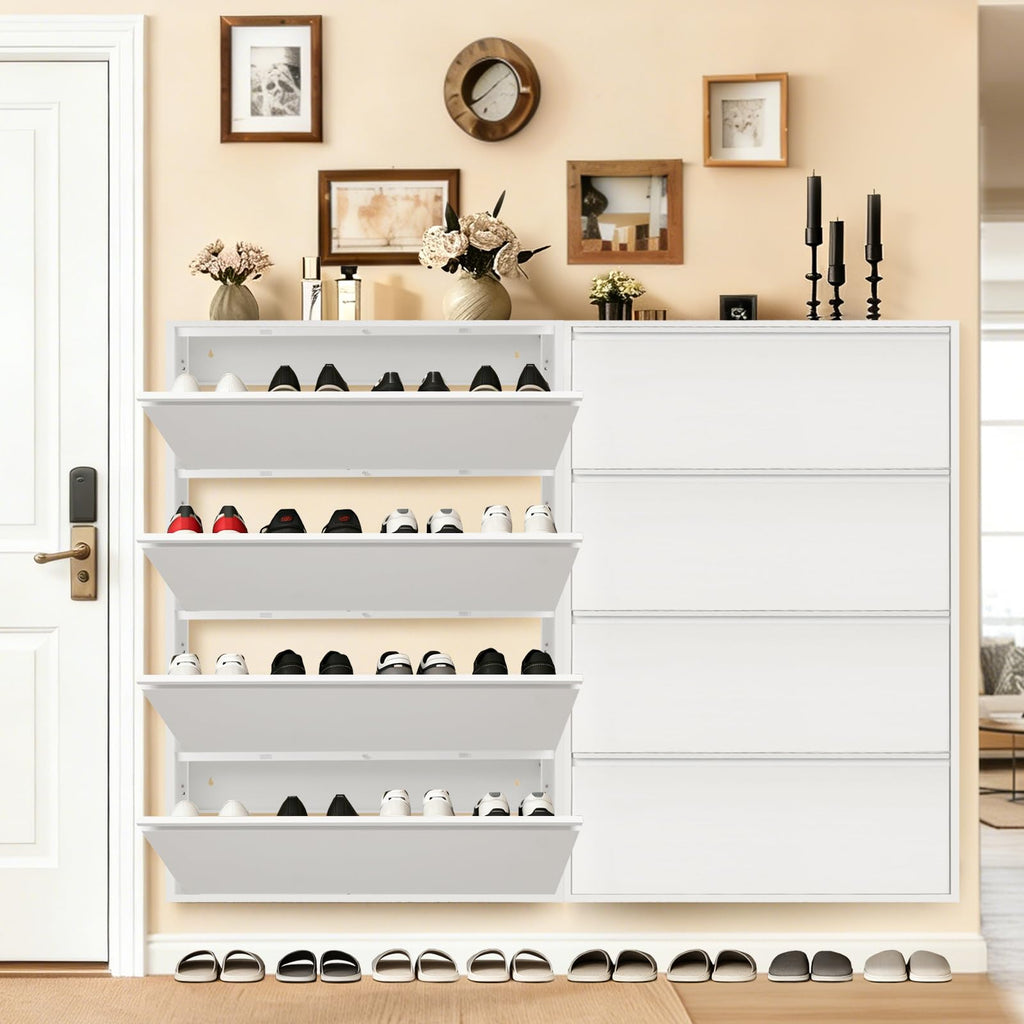 Shoe Storage Cabinet with 4 Flip Drawers, Hidden Slim Narrow Shoe Rack Cabinet, Wall Mount Metal Shoe Cabinet, White