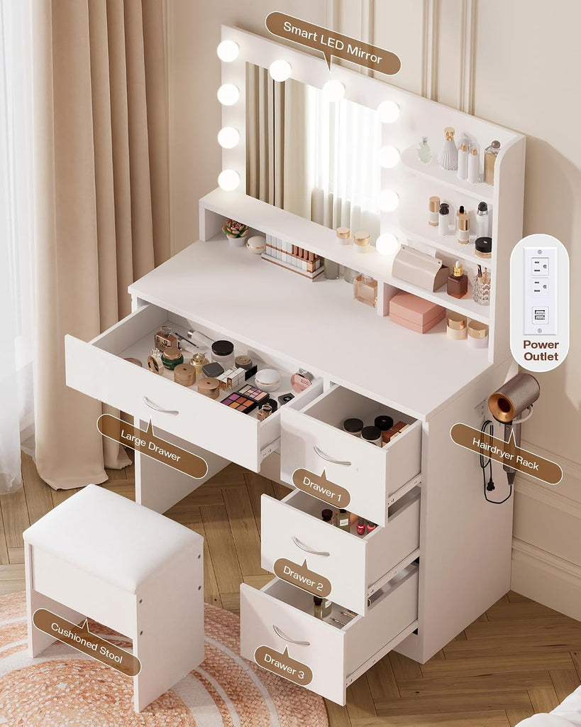 White Makeup Vanity Desk with Charging Station & 4 Drawers | 10 LED Bulbs, HD Mirror, Cushioned Stool, Hairdryer Rack