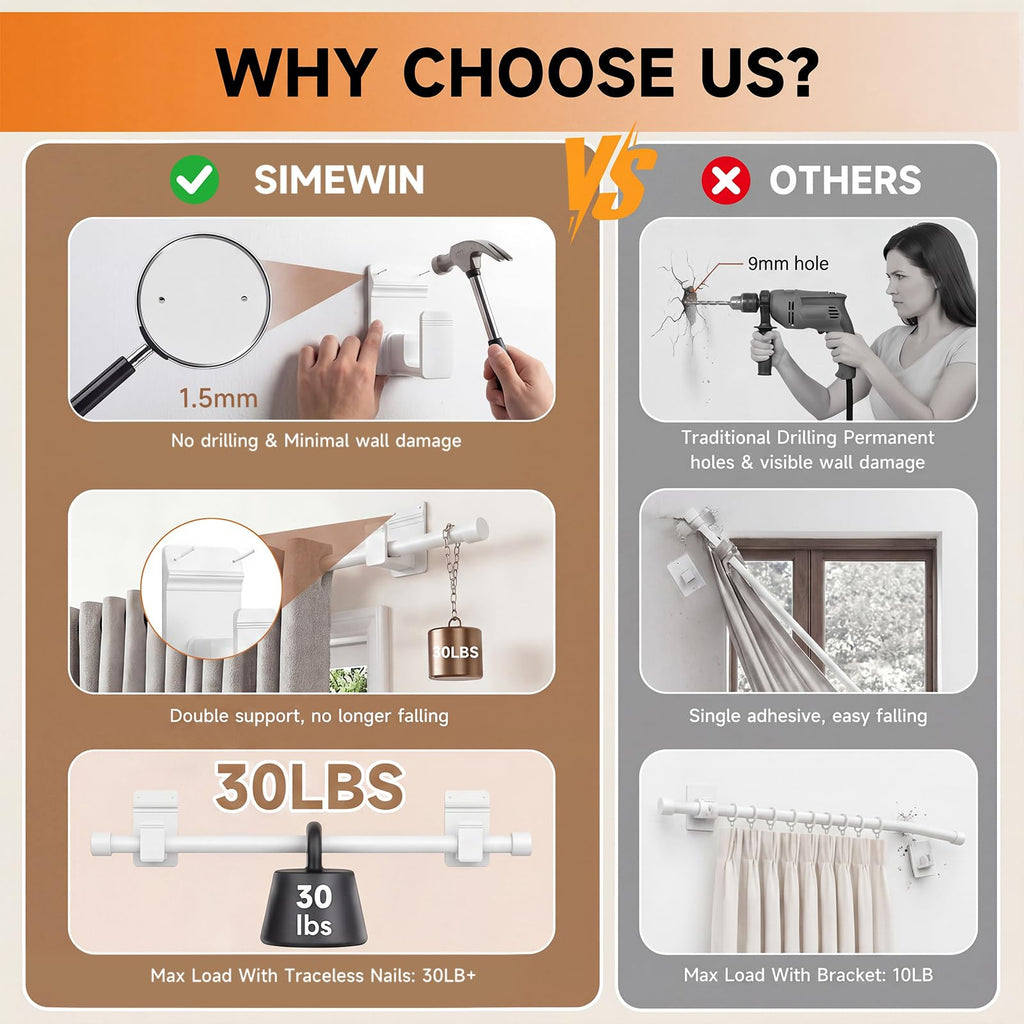 No Drill Curtain Rods for Windows 30 to 45 Inches, Upgrade Dual Support: Adhesive & Invisible Nail 5/8 Inch Curtain