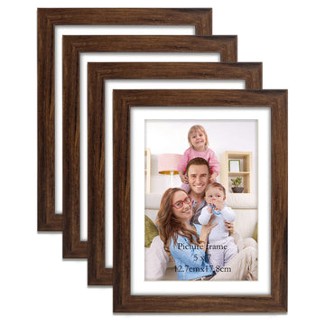 Brown 5x7 Picture Frame Set of 4, 6x8 Matted to 5x7 Photo Rustic Walnut Frames with Mat for Wall or Tabletop