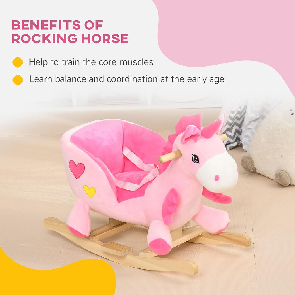 Baby Rocking Horse with 32 Songs Wooden Base for 1.5-3 Year Old, Pink