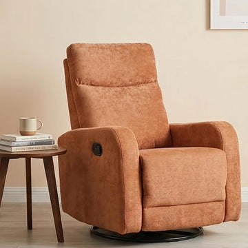 360° Swivel Glider Rocker Recliner Chair, Manual Reclining Fabric Lounge Chair with Side Pull Handle, Upholstered