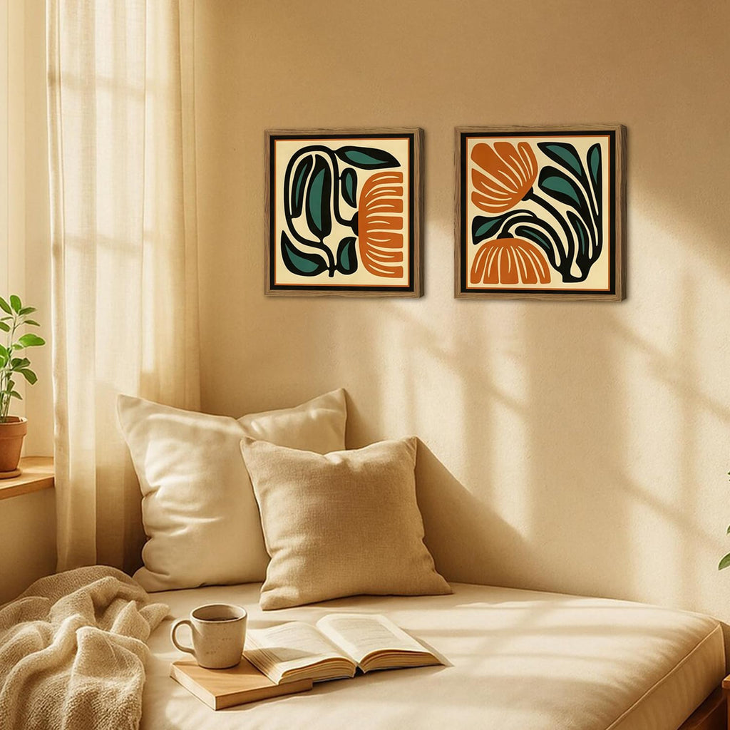Mid Century Floral Wall Art Set of 2, Modern Square Abstract Botanical Wall Decor Picture, Vintage Boho Eclectic