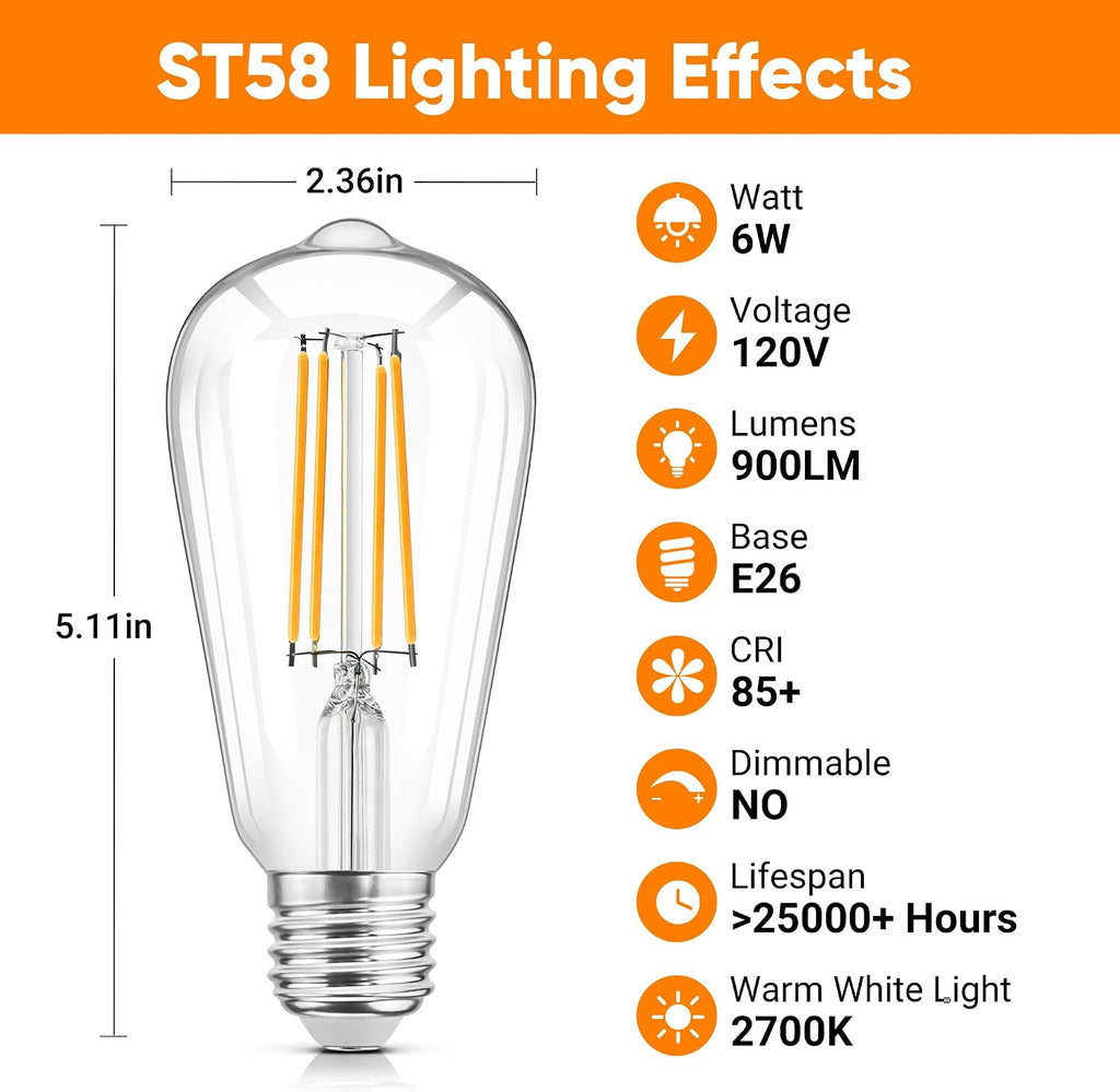 LED Filament Light Bulbs, Bright Vintage 6W LED Edison Bulbs, St58 2700K Warm Light Bulbs with CRI 85+, E26 Standard