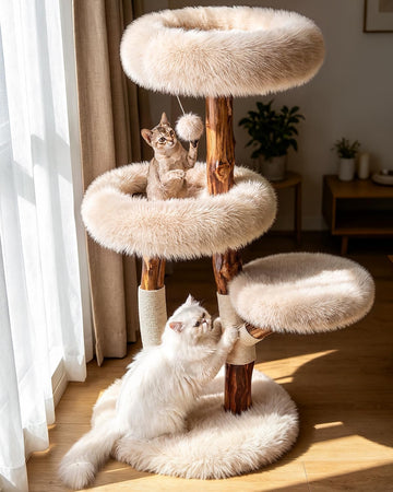 Solid Wood Cat Tree, Boho Modern Cat Tree Tower with Real Branch