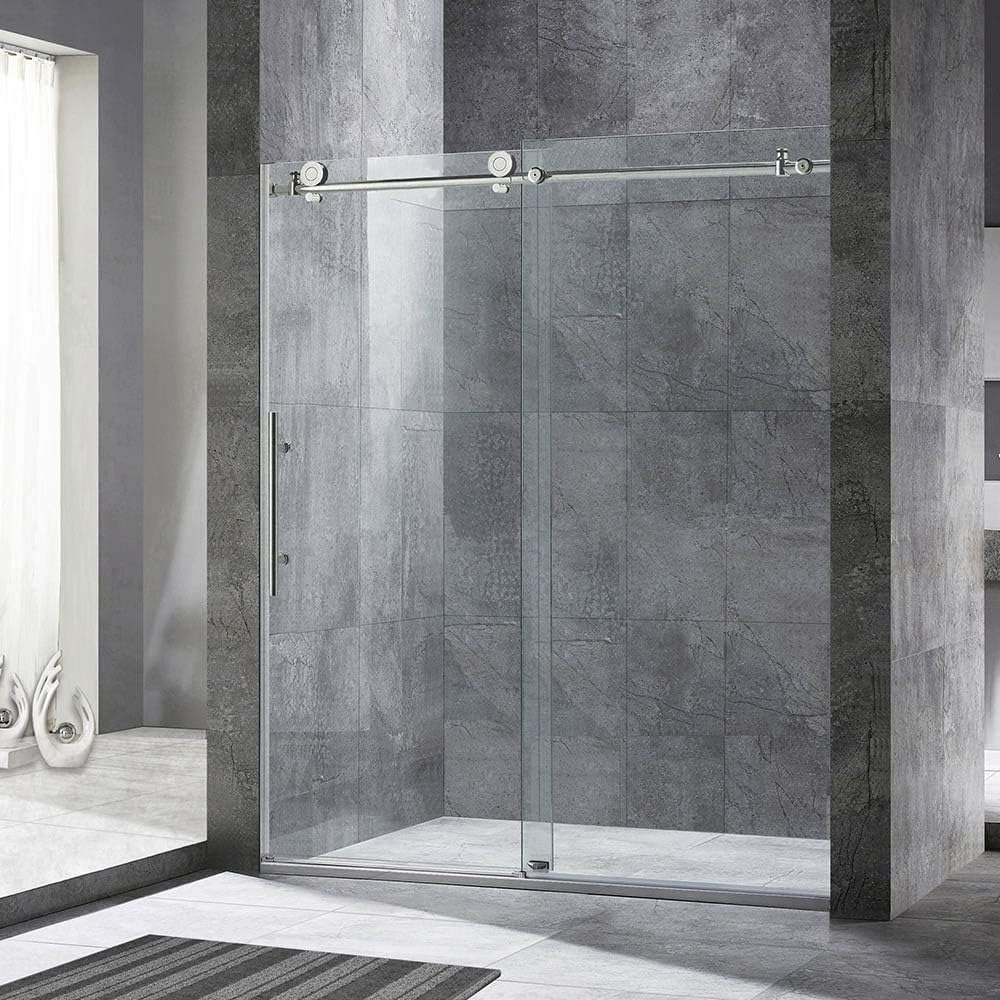 Frameless Sliding Shower Door, 56" - 60" Width, 76" Height, 3/8" (10 mm) Clear Tempered Glass, Chrome Finish