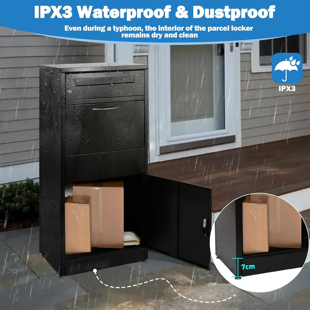 45" Package Delivery Box - Lockable Black Metal Parcel Drop Box, Anti-Theft, IPX4 Waterproof