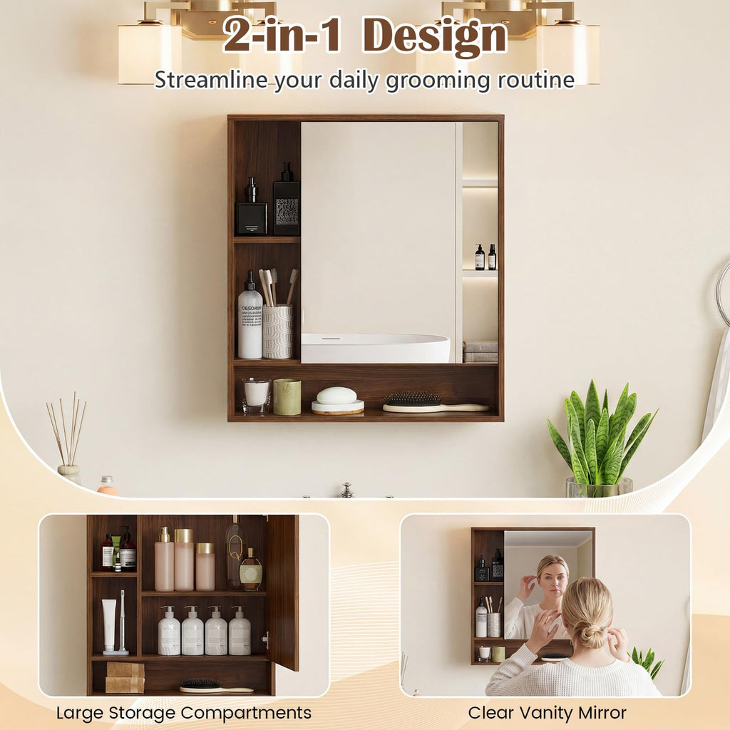 Bathroom Cabinet with Mirror, Wall Cabinet with Mirrored Door, 3 Open Cubes, Adjustable Shelf, Wooden Grain Finish