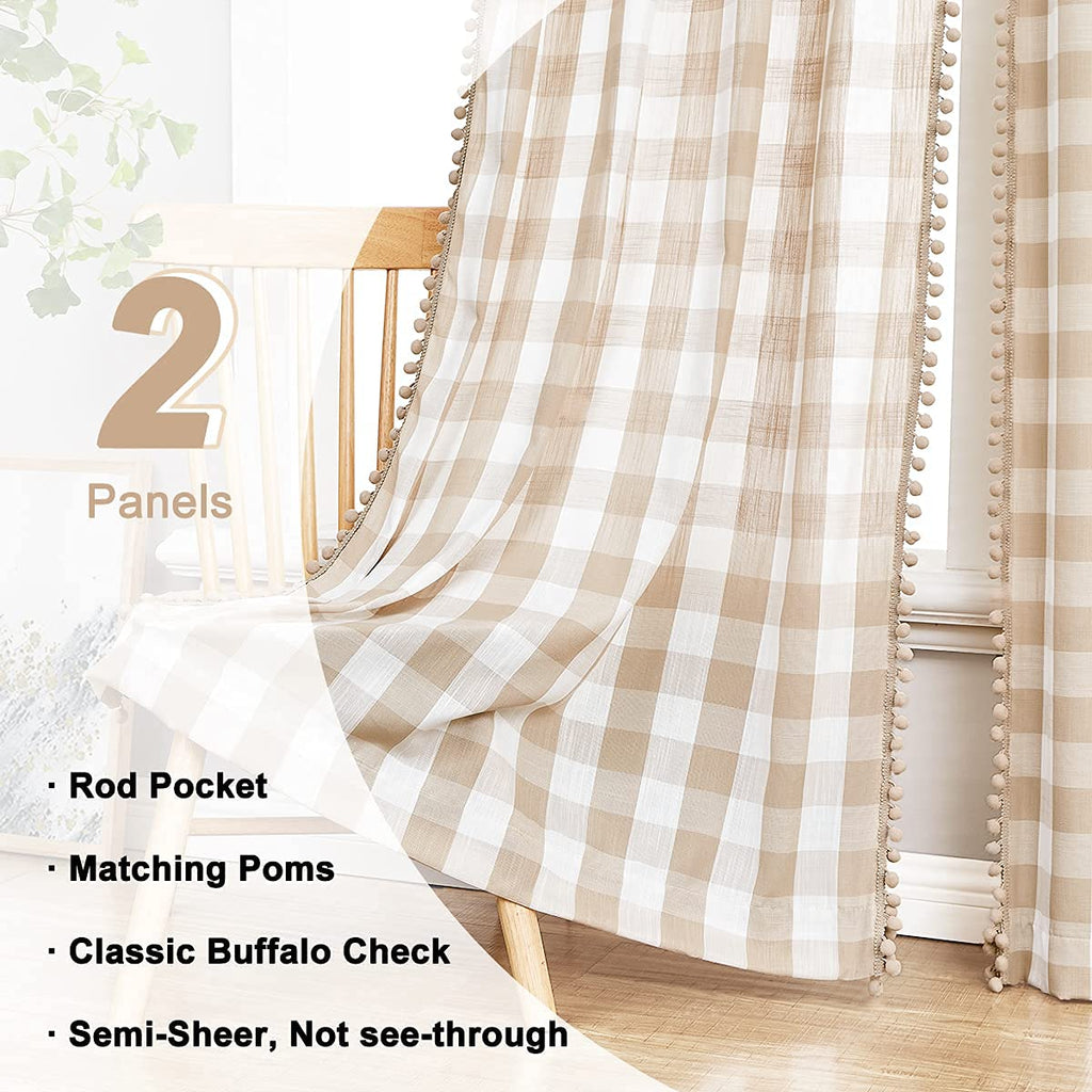 Buffalo Check Curtains 84" Pom Pom Farmhouse Gingham Drapes