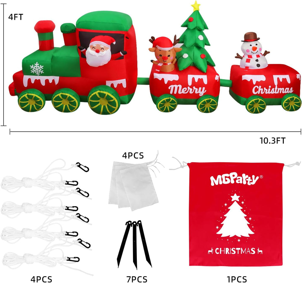 10.7 FT Christmas Inflatables Train with Santa Claus Reindeer Snowman Christmas Tress Built-in LED Lights Blow Up