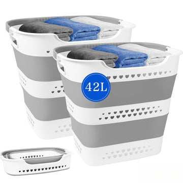 2Pcs 42L Collapsible Laundry Basket with Handle Foldable Laundry Hamper (Gery 17 Inch * 15 Inch * 14 Inch) Pop Up