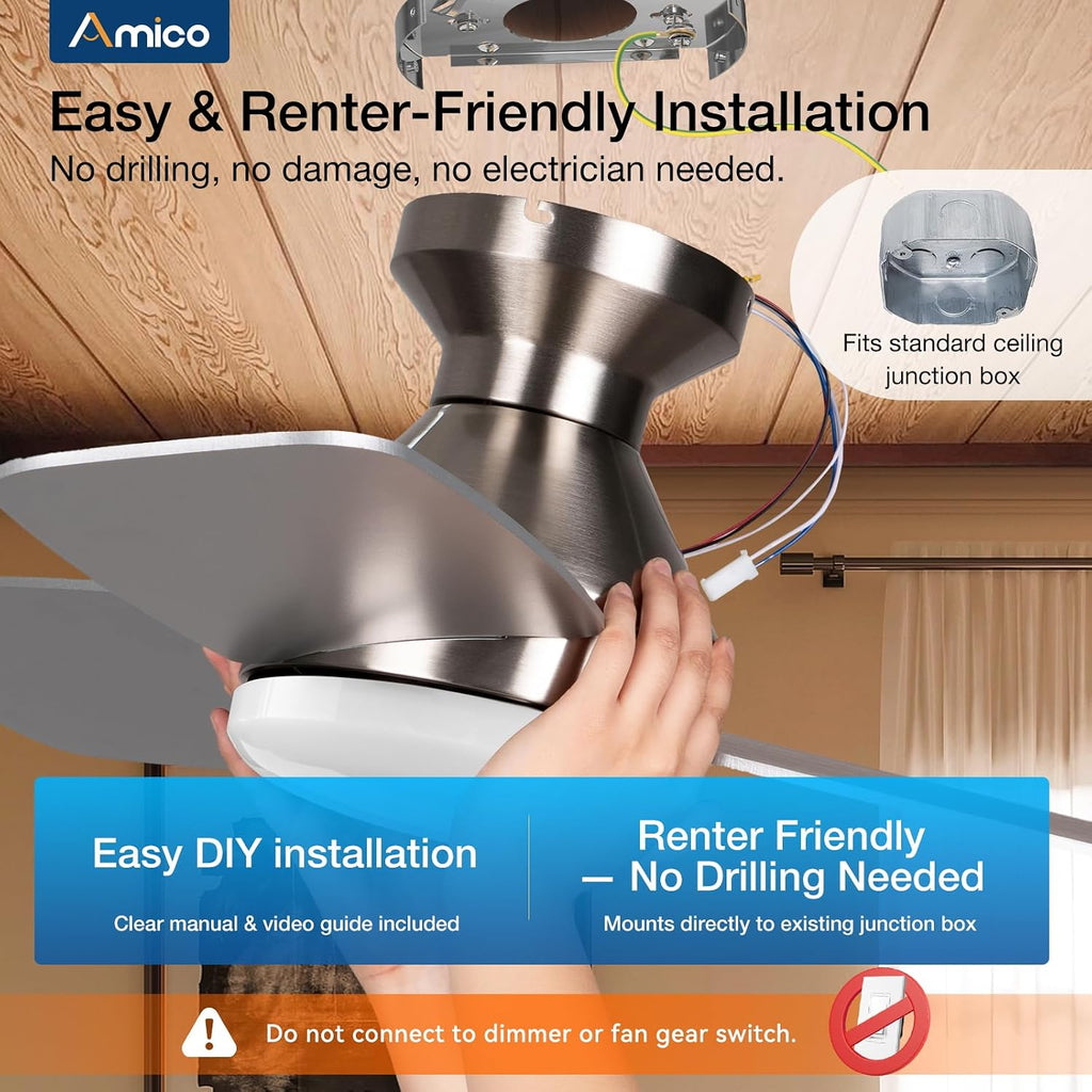 Ceiling Fans with Lights, 30 inch Low Profile Ceiling Fan with Light and Remote Control, Flush Mount, Reversible, 3CCT, Dimmable, Noiseless, Nickel Ceiling Fan for Bedroom, Indoor/Outdoor Use A102-B0C61KVQC4