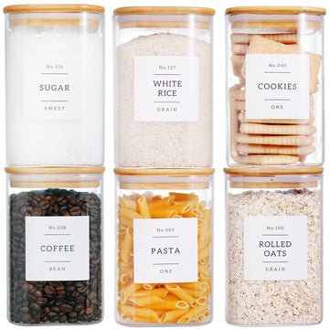 6 Pack Square Kitchen Storage Jars with Airtight Bamboo Lids and 132 Pantry Labels - 35oz Glass Canisters With Wood