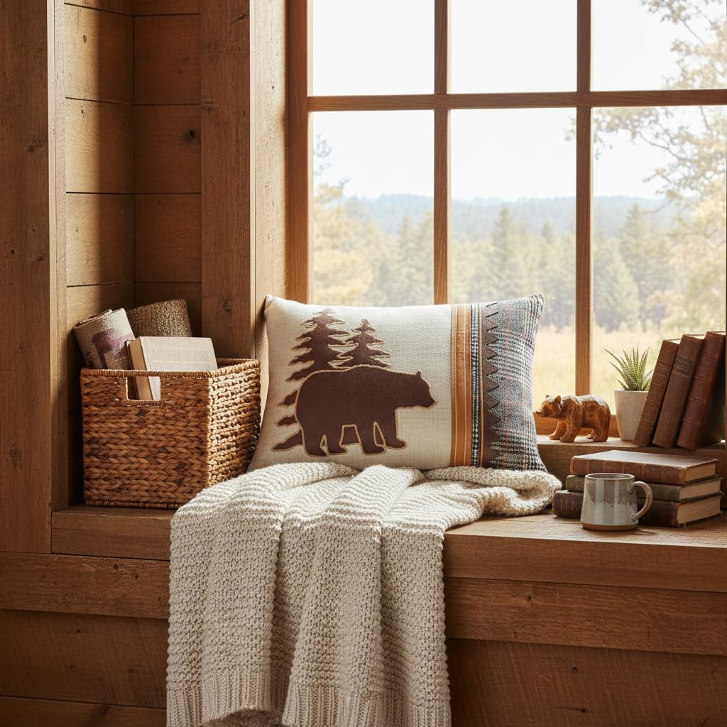 18 x 13 Inch Bear Pillow, Plaid Cabin Lumbar Throw Pillow
