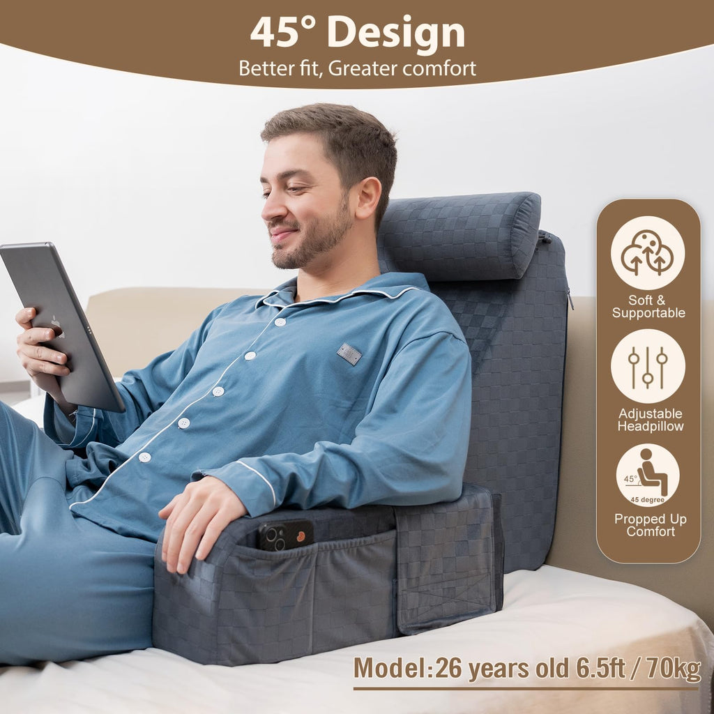 21'' Reading Pillow for Adults with XL Side Pockets, Adjustable Arms