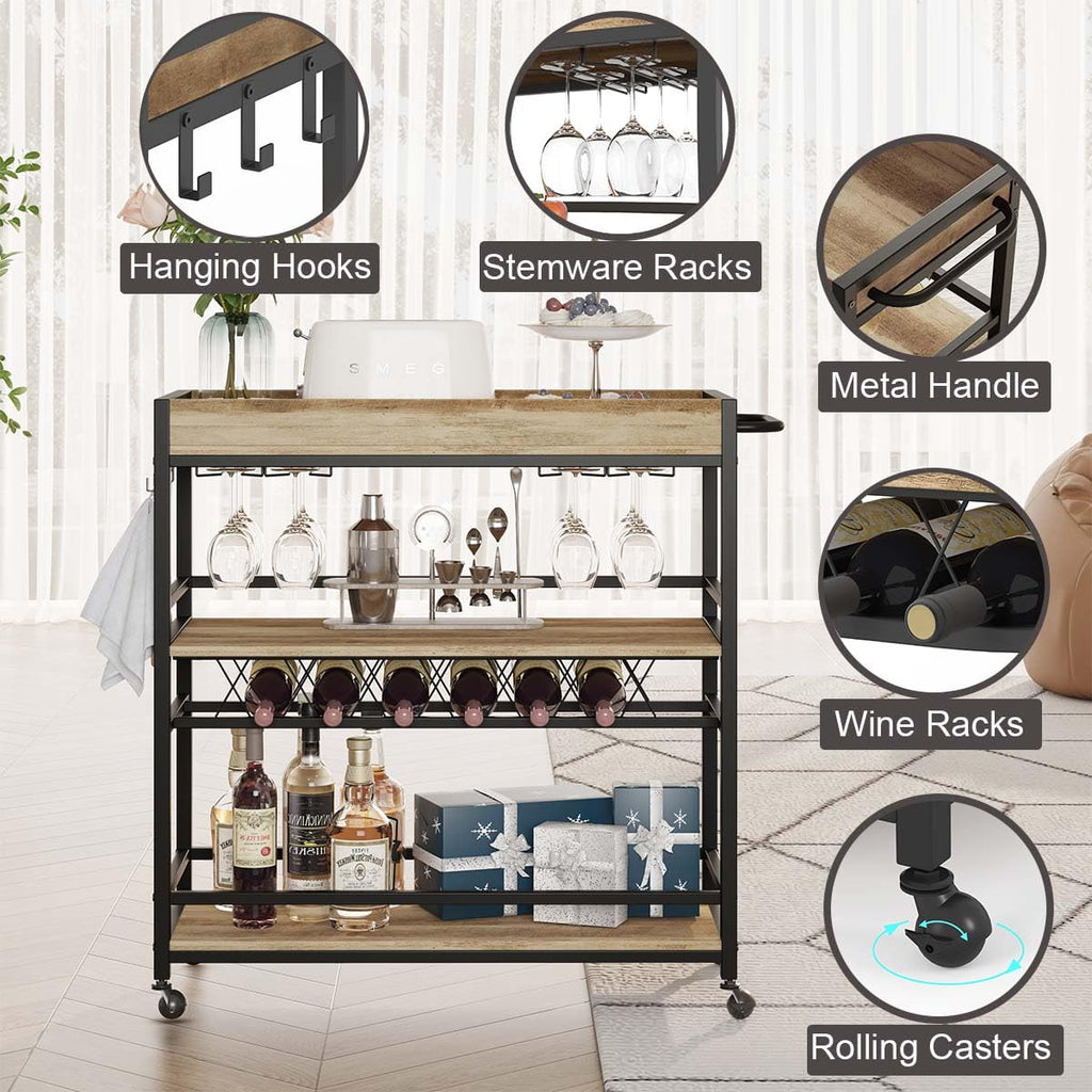 Bar Cart for The Home, Bar Serving Carts on Wheels, 3 Tier Storage Drink Trolley, Rolling Wood and Metal Liquor