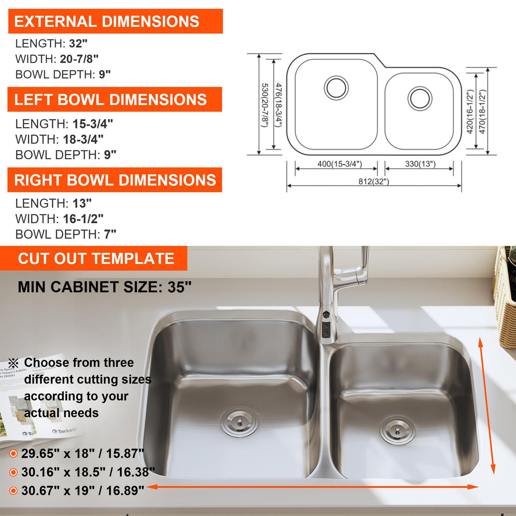 32 Inch Undermount Double Bowl 60/40 Kitchen Sink