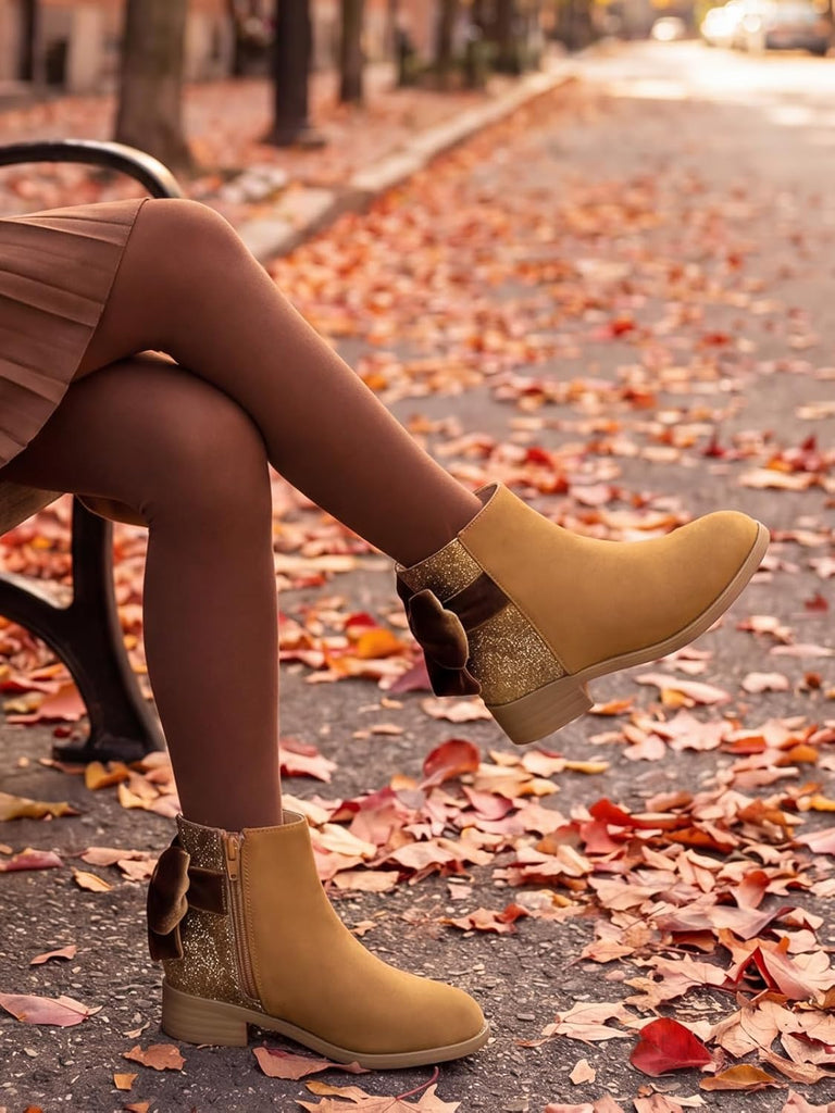 Girls Ankle Boots Bow Glitter Chunky Low Heel Zip Dress Booties