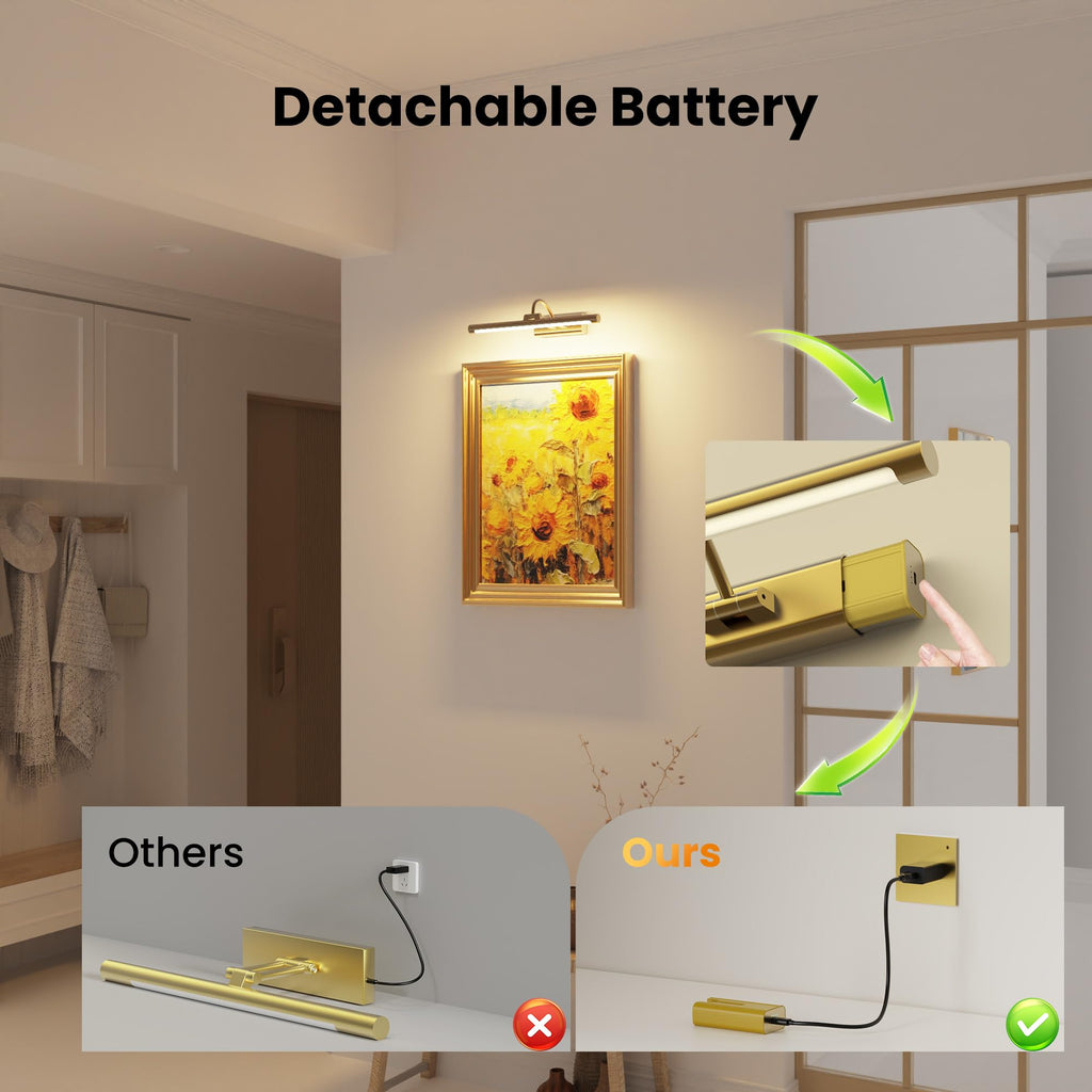 2 Pack 16" Brass Picture Art Lights - 6000mAh Rechargeable Battery Powered Wireless Lighting Gallery, Office, Living