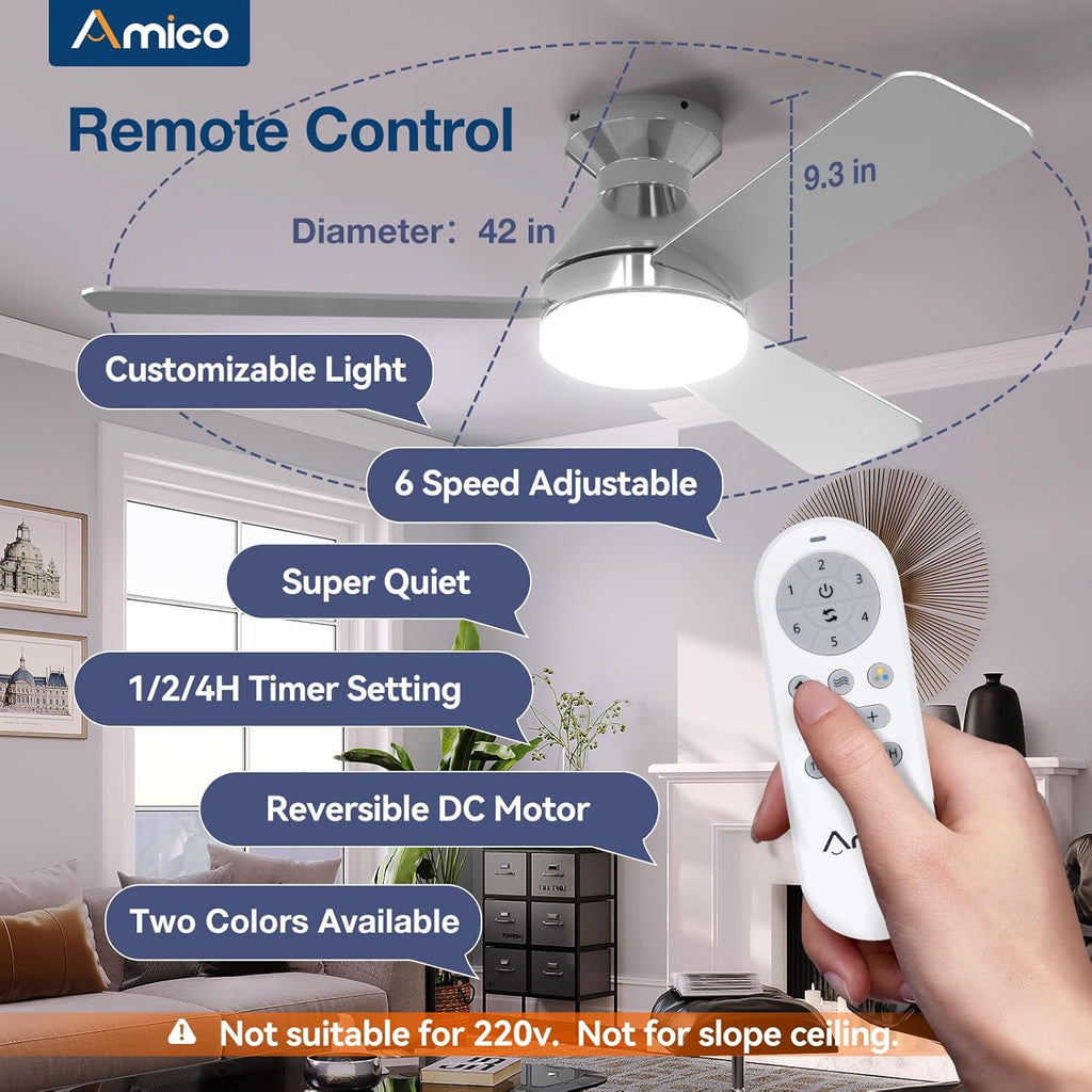 Ceiling Fans with Lights, 42 inch Low Profile Ceiling Fan with Light and Remote Control, Flush Mount, Reversible, 3CCT, Dimmable, Noiseless, Nickel Ceiling Fan for Bedroom, Indoor/Outdoor Use A102-B0C61J8S1Z