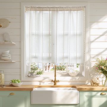 Ivory Boho Curtain 52W x 36L inch White Striped Light Filtering Short Valance Tier, 1 Panel Embroidery Bohemian