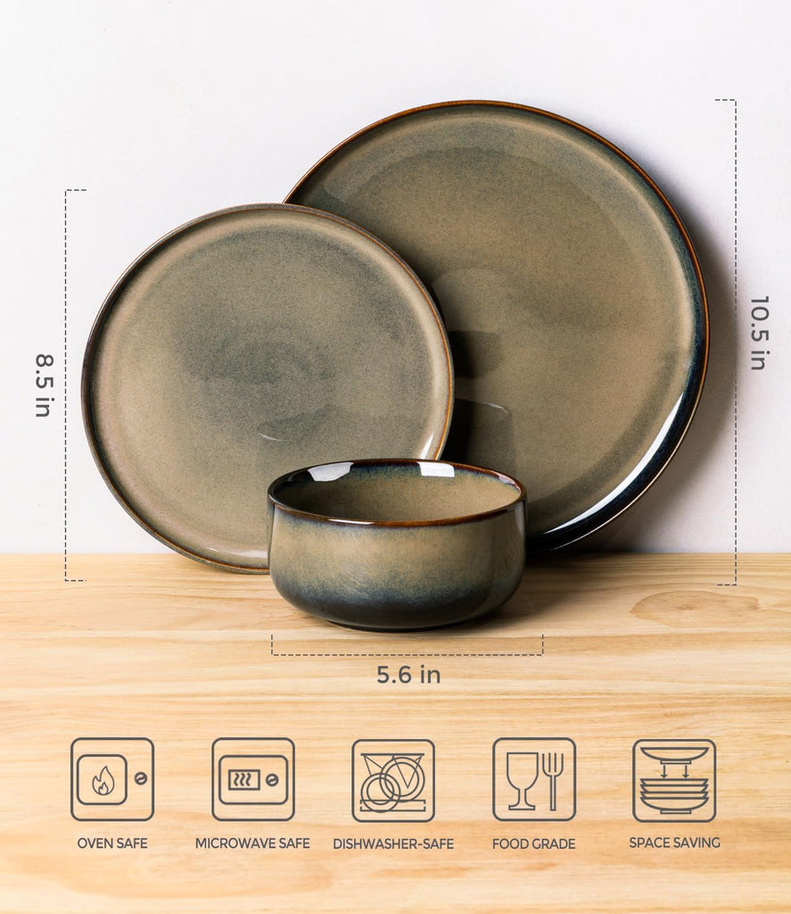 Ceramic Dinnerware Sets for 8, 24 Pieces Handmade Reactive Glaze Plates and Bowls Set, Scratch Resistant Dish Set