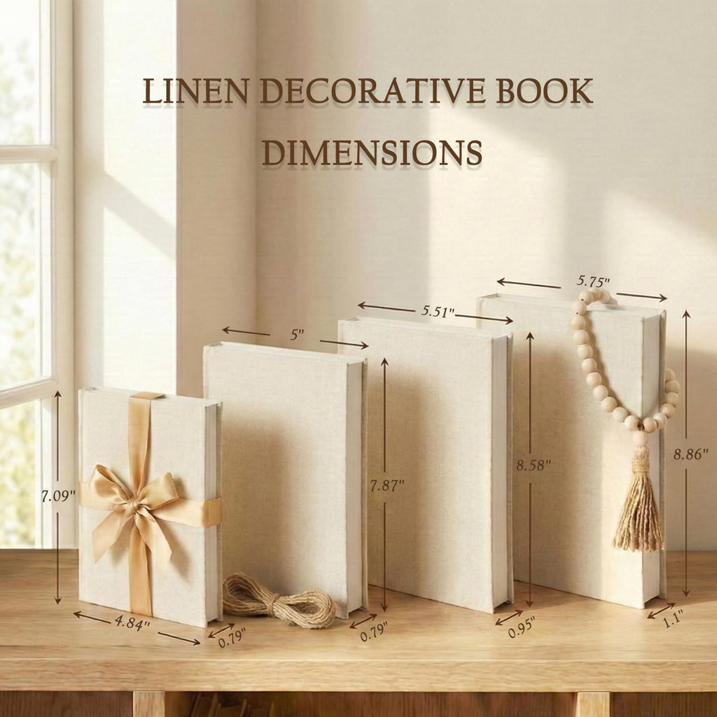 Decorative Books Decor-Set of 4 Real Linen Decorative Books, Stacked Books with Wood Bead Garland, Jute Twine & Satin