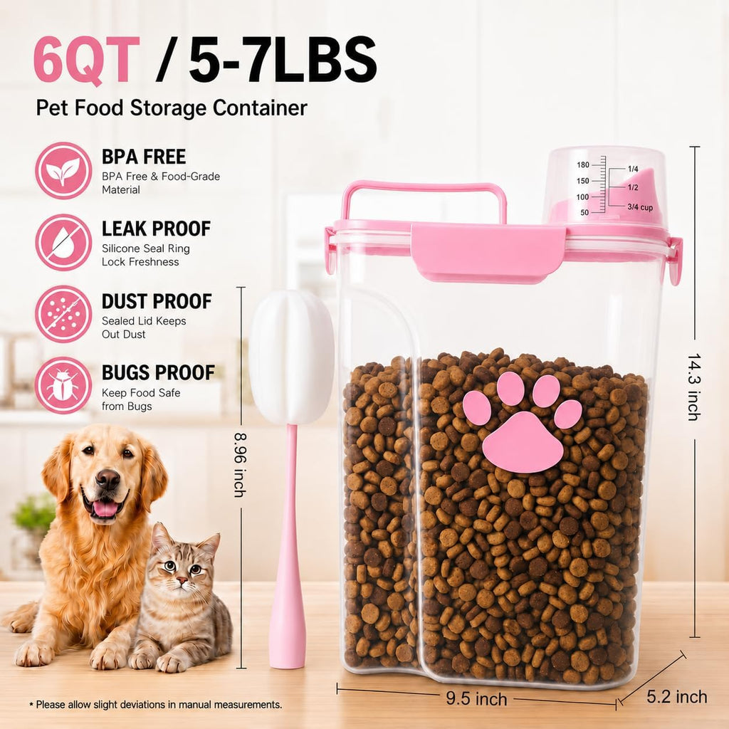 5-7Lbs Airtight Dog Cat Food Storage Container with cleaning brush, Measuring Cup, 4 Snap Seals, Portable Pet Food