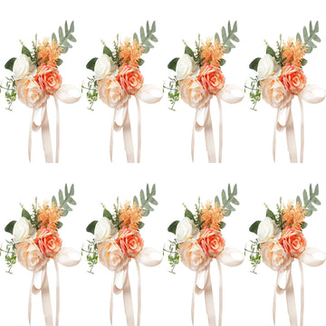 Wedding Aisle Chair Decorations Set of 8, Artificial Flowers with Ribbons Eucalyptus Olive Leaves Church Chair