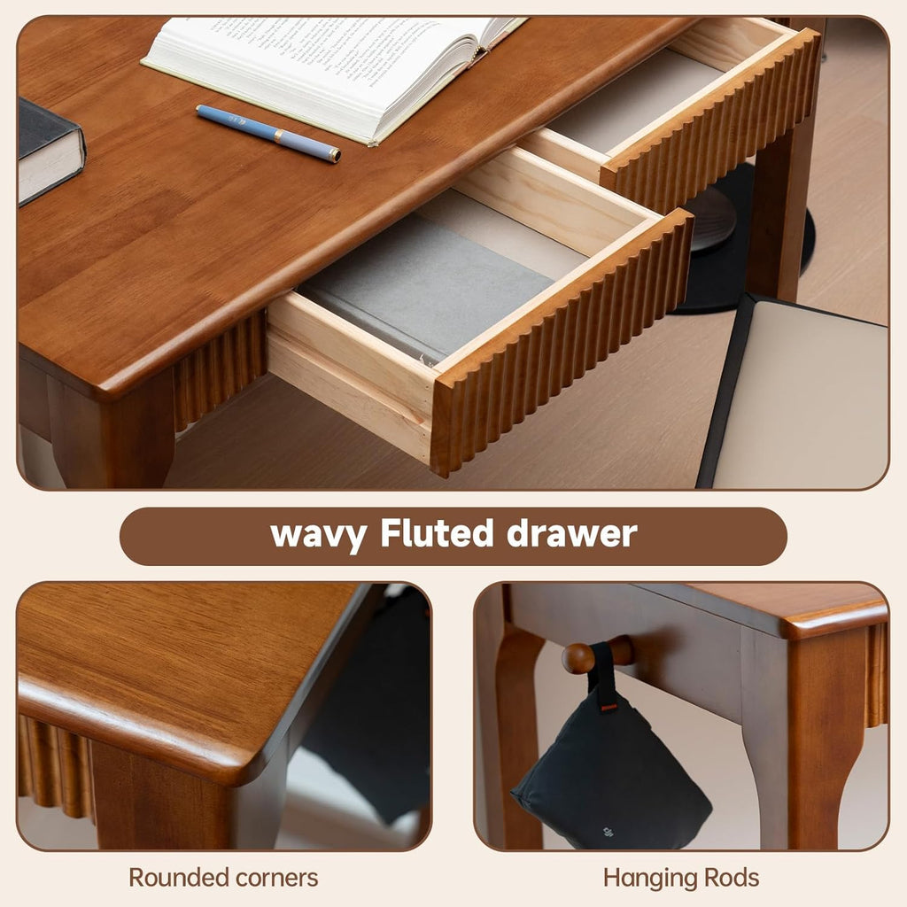 39.4'' Solid Wood Desk with Drawers, Mid Century Modern Home Office Desk