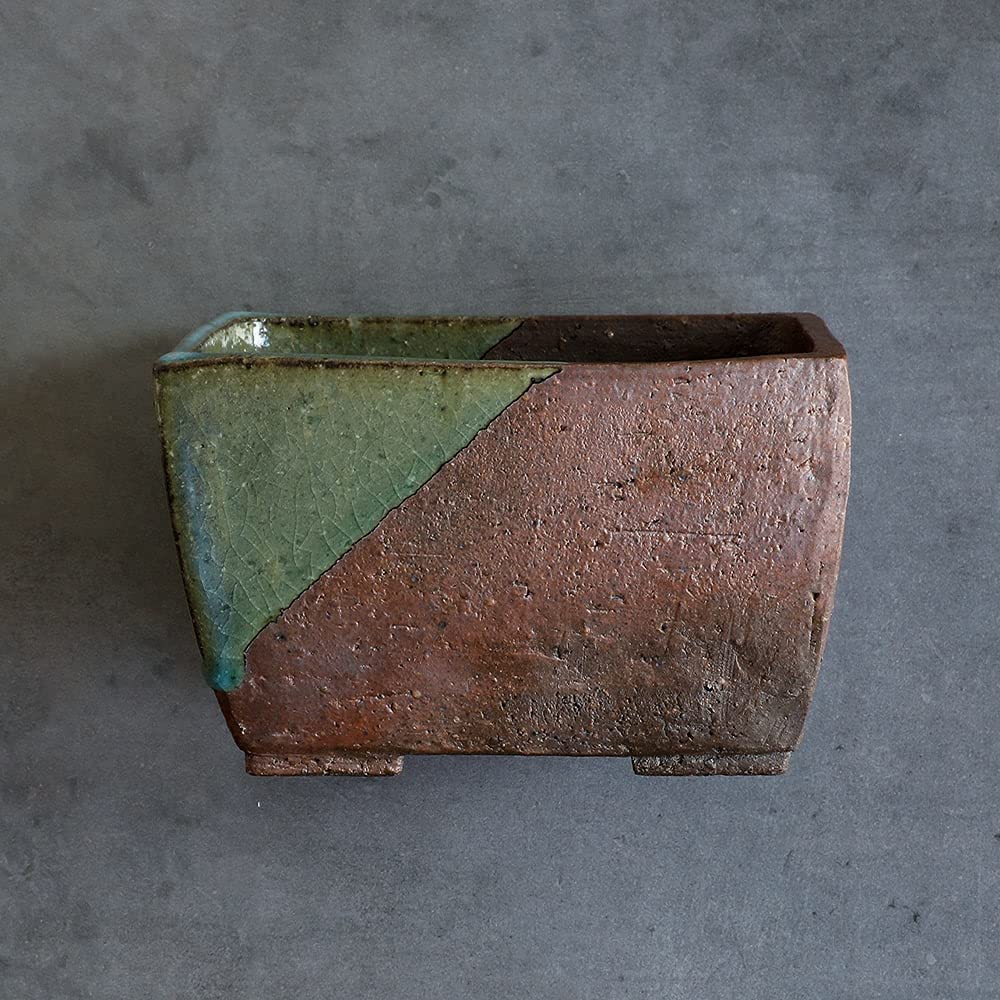 Tokoname Rectangular Bonsai Pot 5.3in, Handmade, Brown and Green