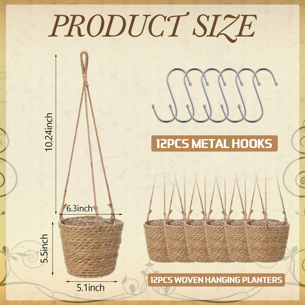 12 Pcs Seagrass Hanging Planter Basket, Small, Brown