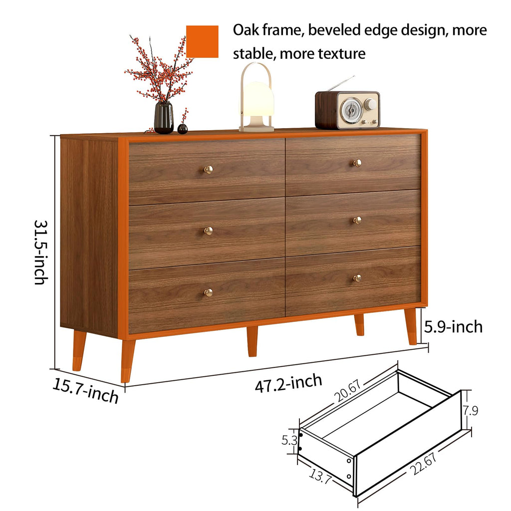 Mid Century Modern 6-Drawer Dresser, 47.2" Solid Wood Frame Chest, Walnut