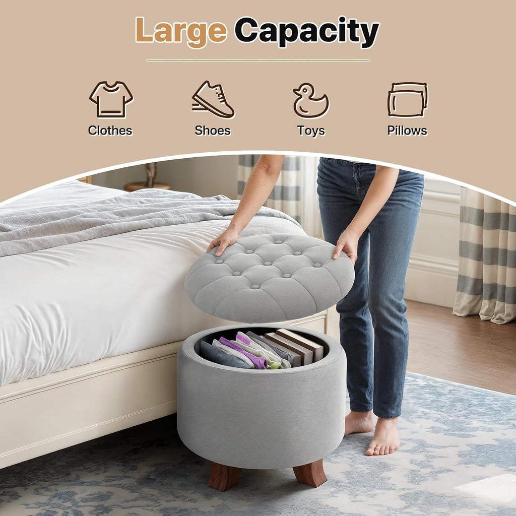 Round Storage Ottoman, 20 Dia. x 17 H Inches, Light Gray | Linen Fabric Tufted Upholstered Ottoman with Legs &