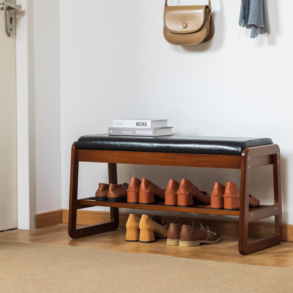 Solid Wood Shoe Rack Bench with Flip-Top Storage, Black, 31.5"