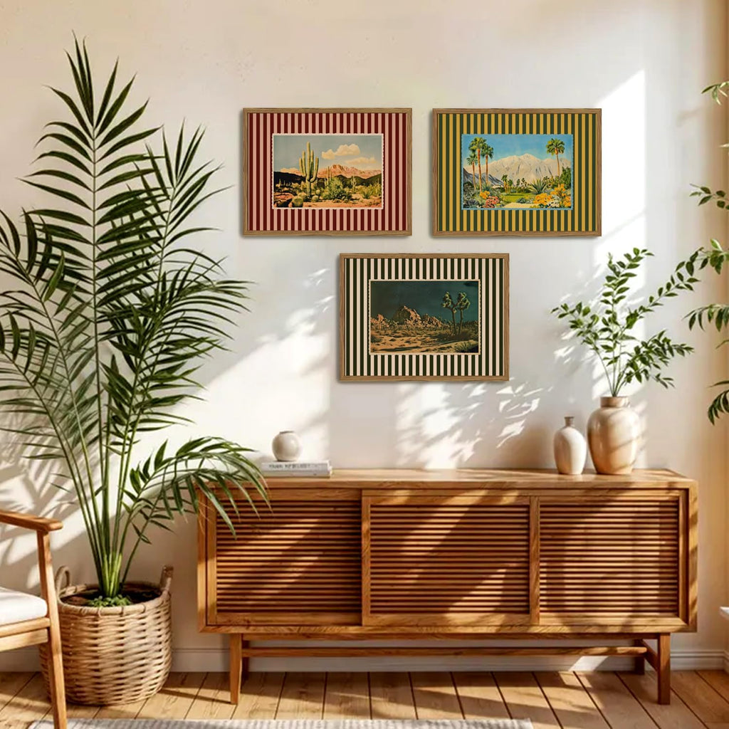 Framed Vintage Western Nature Landscape Wall Art Set of 3, Striped Postcards Southwest Desert Cactus Pictures Wall