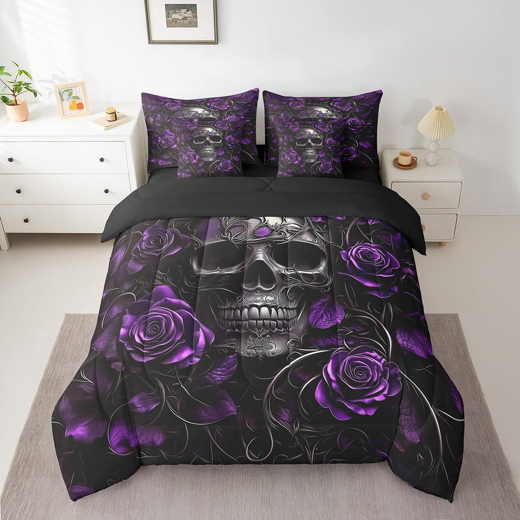 Erosebridal Sugar Skull 7 Pcs Comforter Set Queen,Purple Rose Floral Bedding Set for Kids Boys Girls Teens