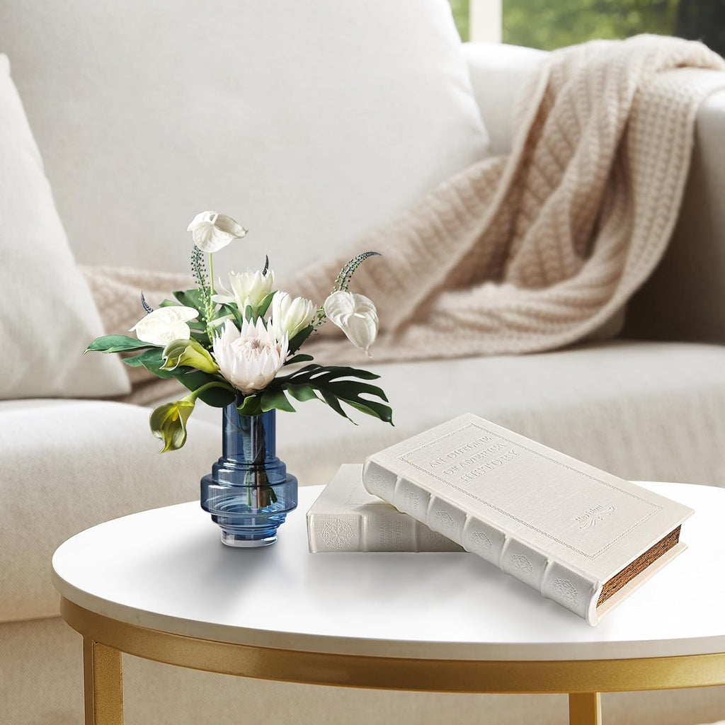 Decorative White Faux Leather Wooden Book Box Decor, Cafe Table, and Bookshelf - Fashion Storage Box (YD-C105 L+S) - Set of 2