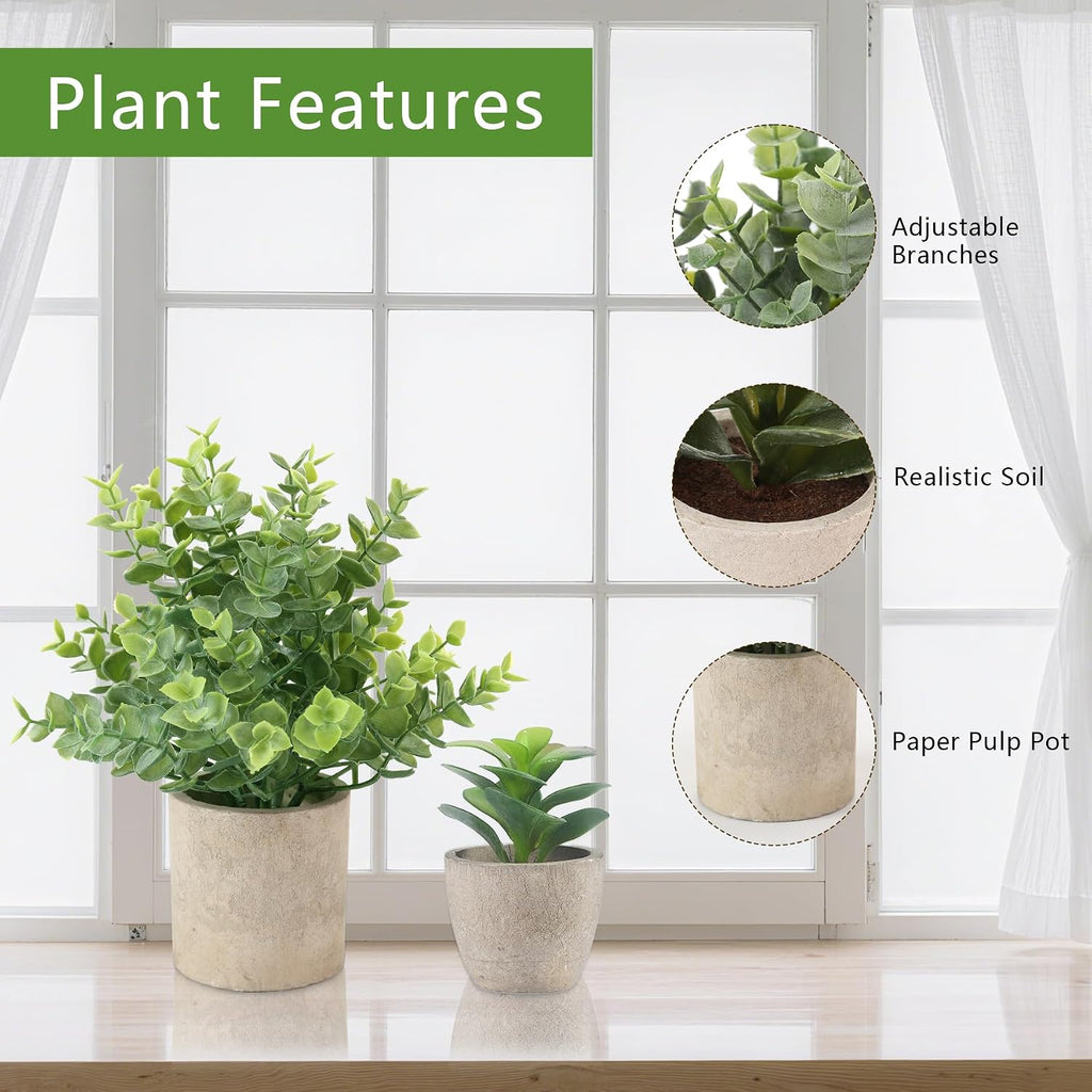 4 Pack Small Fake Plants, 10" Artificial Plants Indoor Eucalyptus/Rosemary/Succulents, Small Faux Plants in Pulp Pot