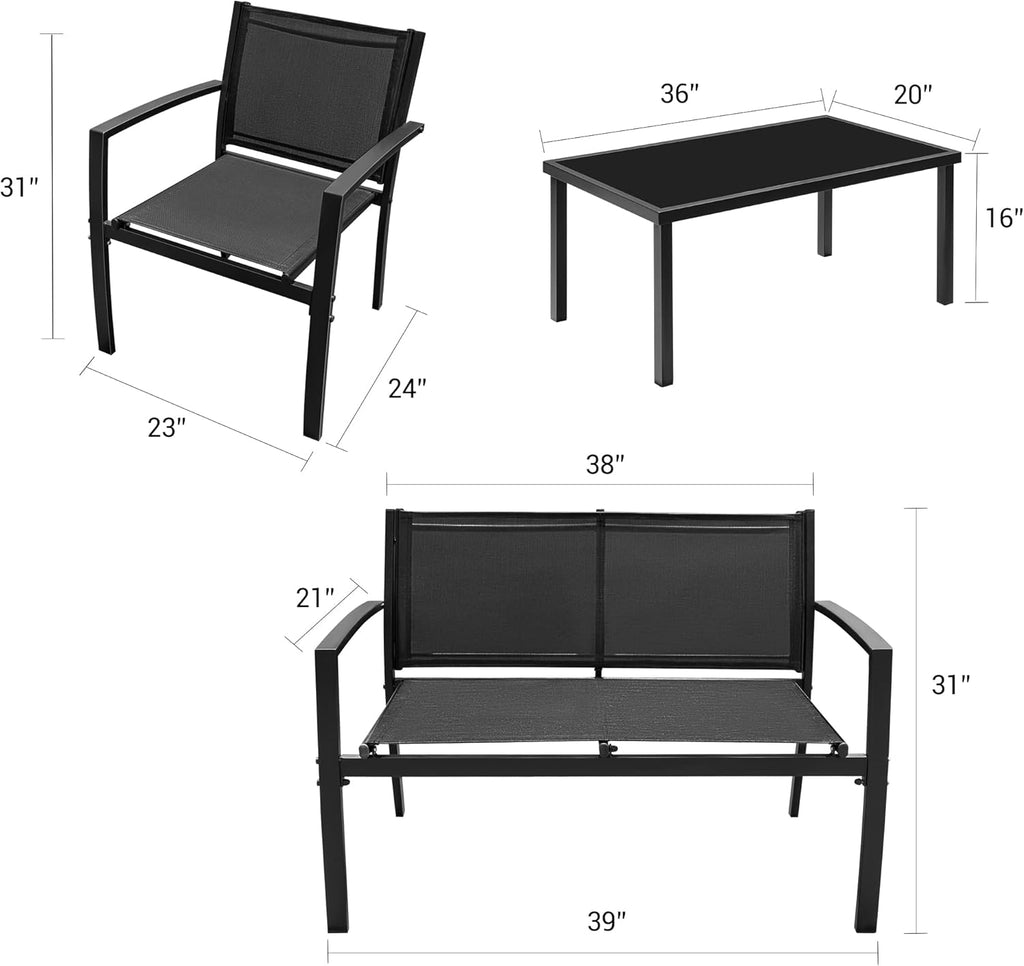 4 Pieces Outdoor Patio Furniture Textilene Modern Conversation Black Bistro Set with Loveseat Tea Table for Home