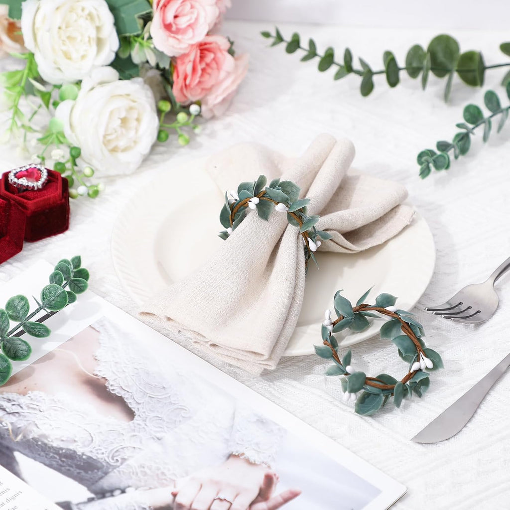 Eucalyptus Napkin Rings Rustic Farmhouse Greenery Leaf Napkin Ring Holders for Wedding, Thanksgiving, Christmas - Set of 6