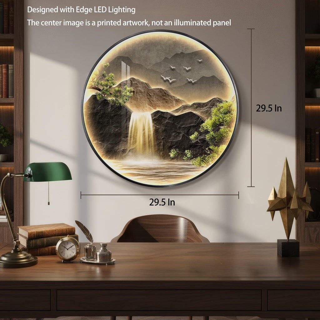 Framed LED Mountain Waterfall Wall Art, Round 30x30 Inch